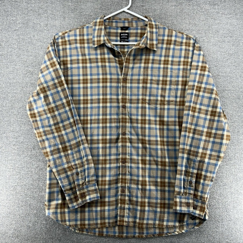 prAna Long Sleeve Shirt Slim Fit Men XXL Organic Cotton Blend Button Up Brown‎
